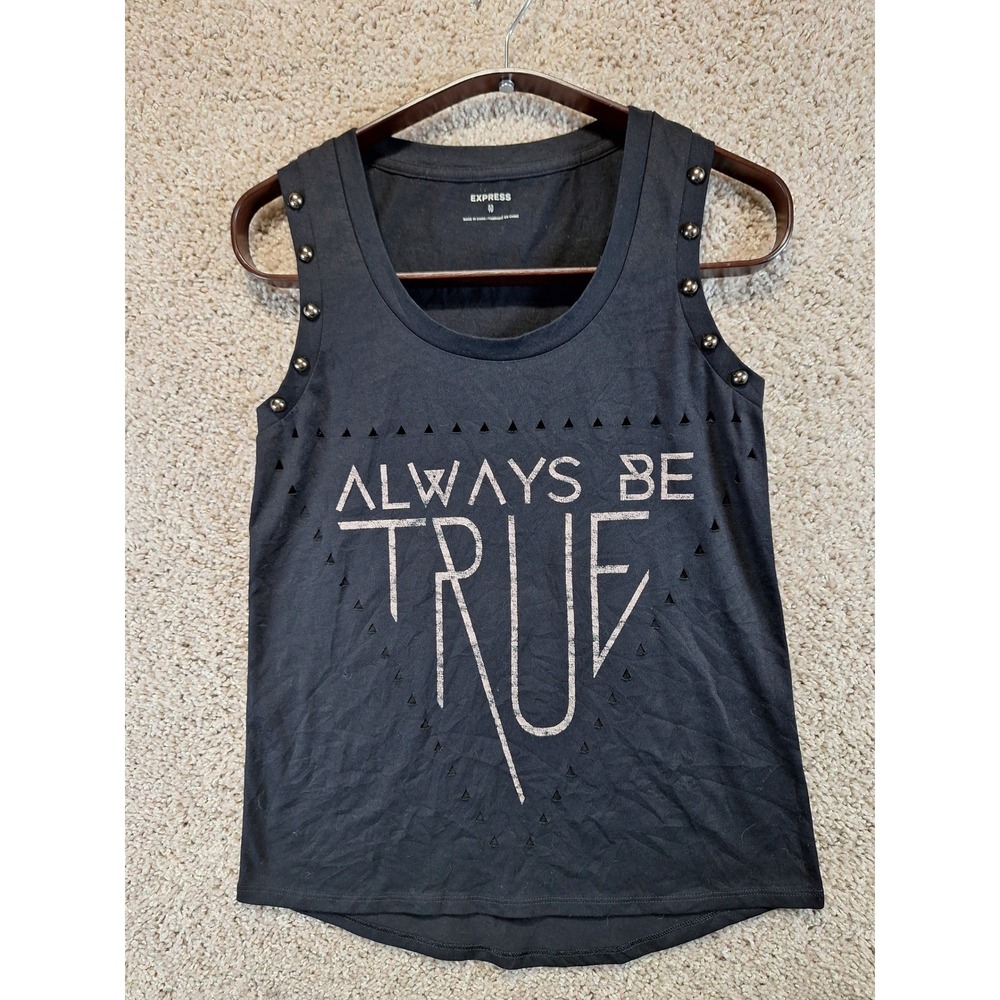 Express Tank Top Womens XS Black Always Be True Studded Graphic Cutout Edgy Rock